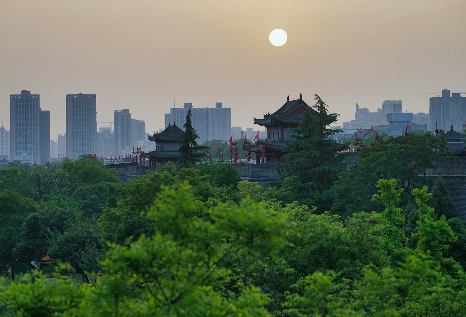 Historic city wall and skyline in Xi'an
